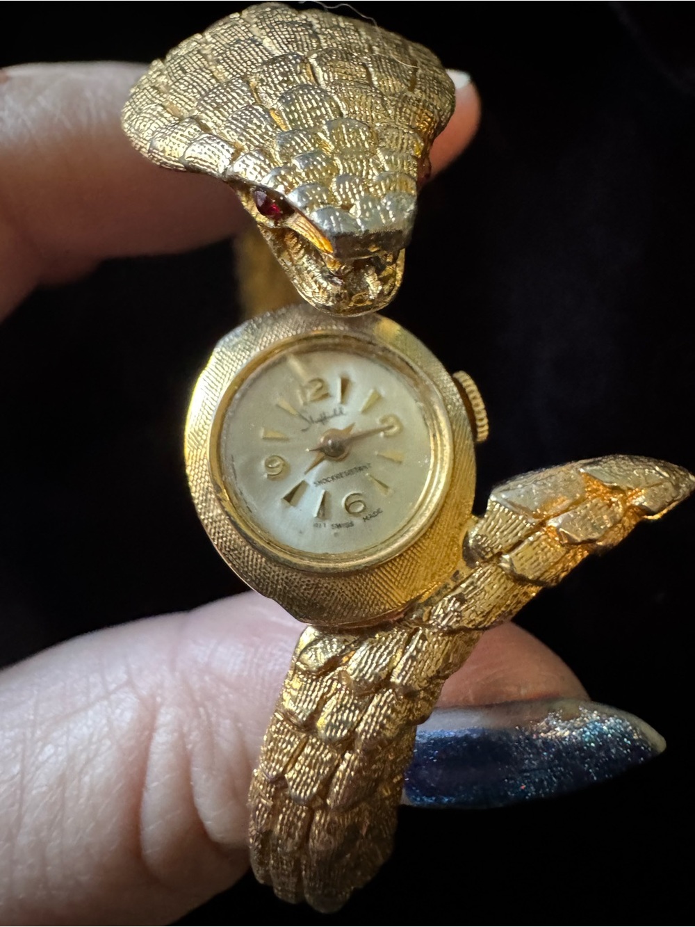 Vintage Sheffield Hidden Watch Cobra Snake Bracelet Gold Tone